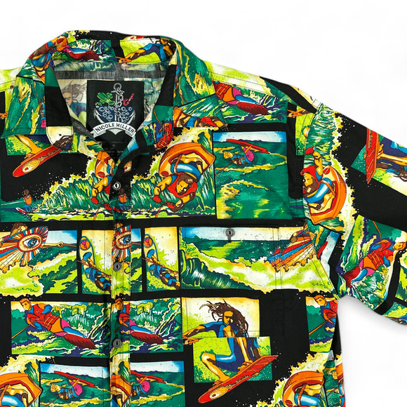 Nicole Miller Hawaiian Shirt Womens EXTRA LARGE Green Black Surfing Water Sports - Picture 2 of 8